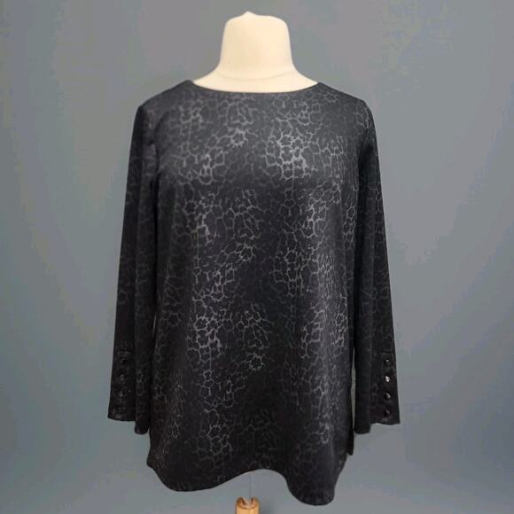 Chicos Leopard-Print Ponte Knit Tunic Top 3 US XL Black Gray Button Sleeves - Picture 1 of 10